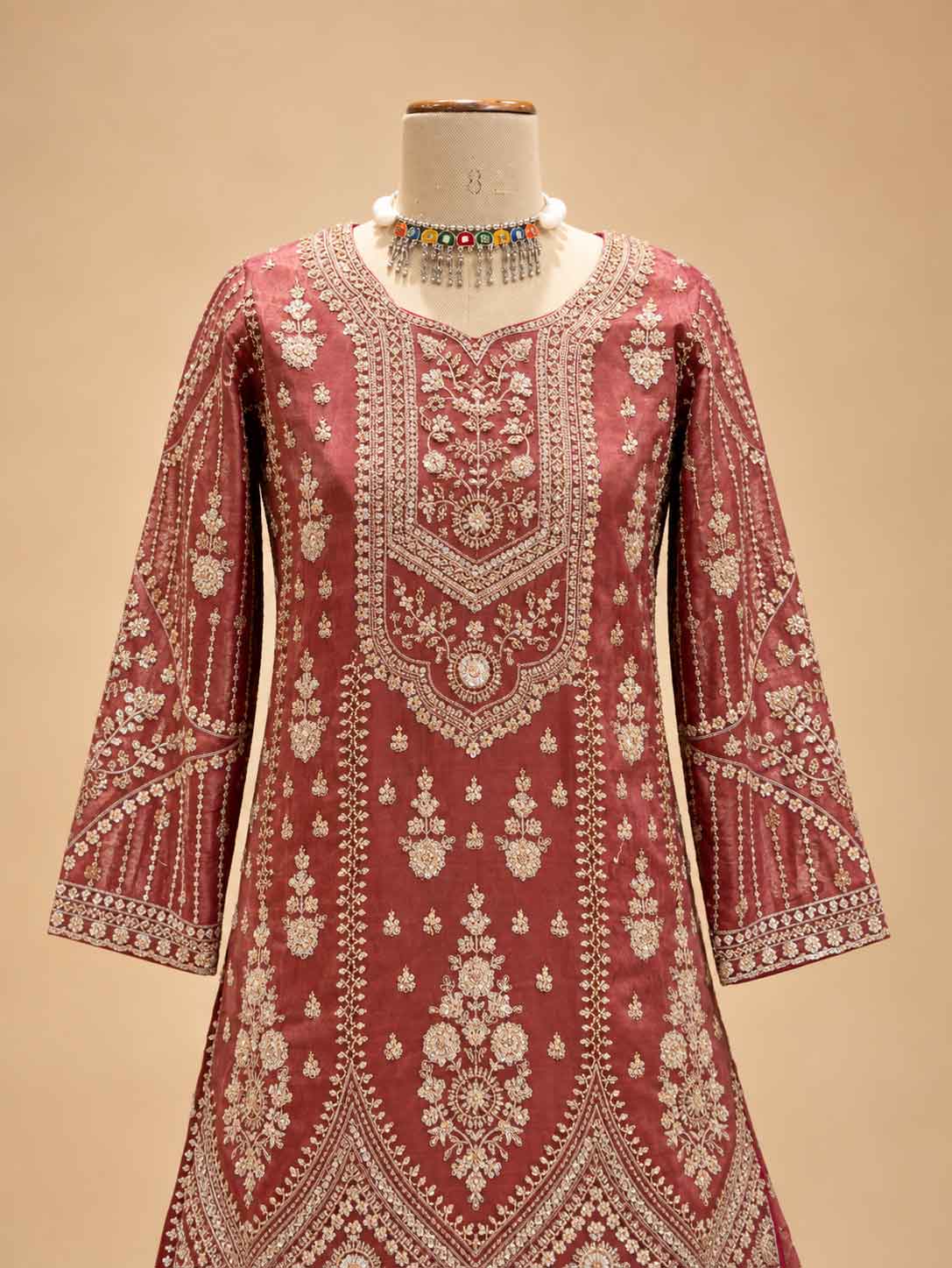 Dusty Rose Embellished Anarkali Suit Set with Printed Flared Bottom & Dupatta | Festive Ethnic Wear