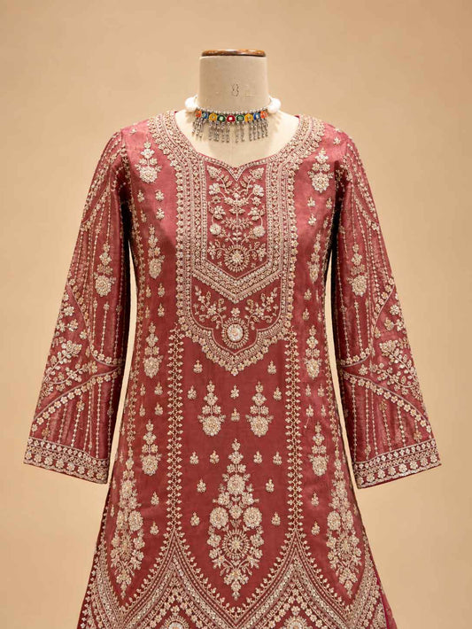 Detail view 2 of Dusty Rose Embellished Anarkali Suit Set with Printed Flared Bottom & Dupatta by ASMA