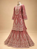 Dusty Rose Embellished Anarkali Suit Set with Printed Flared Bottom & Dupatta | Festive Ethnic Wear