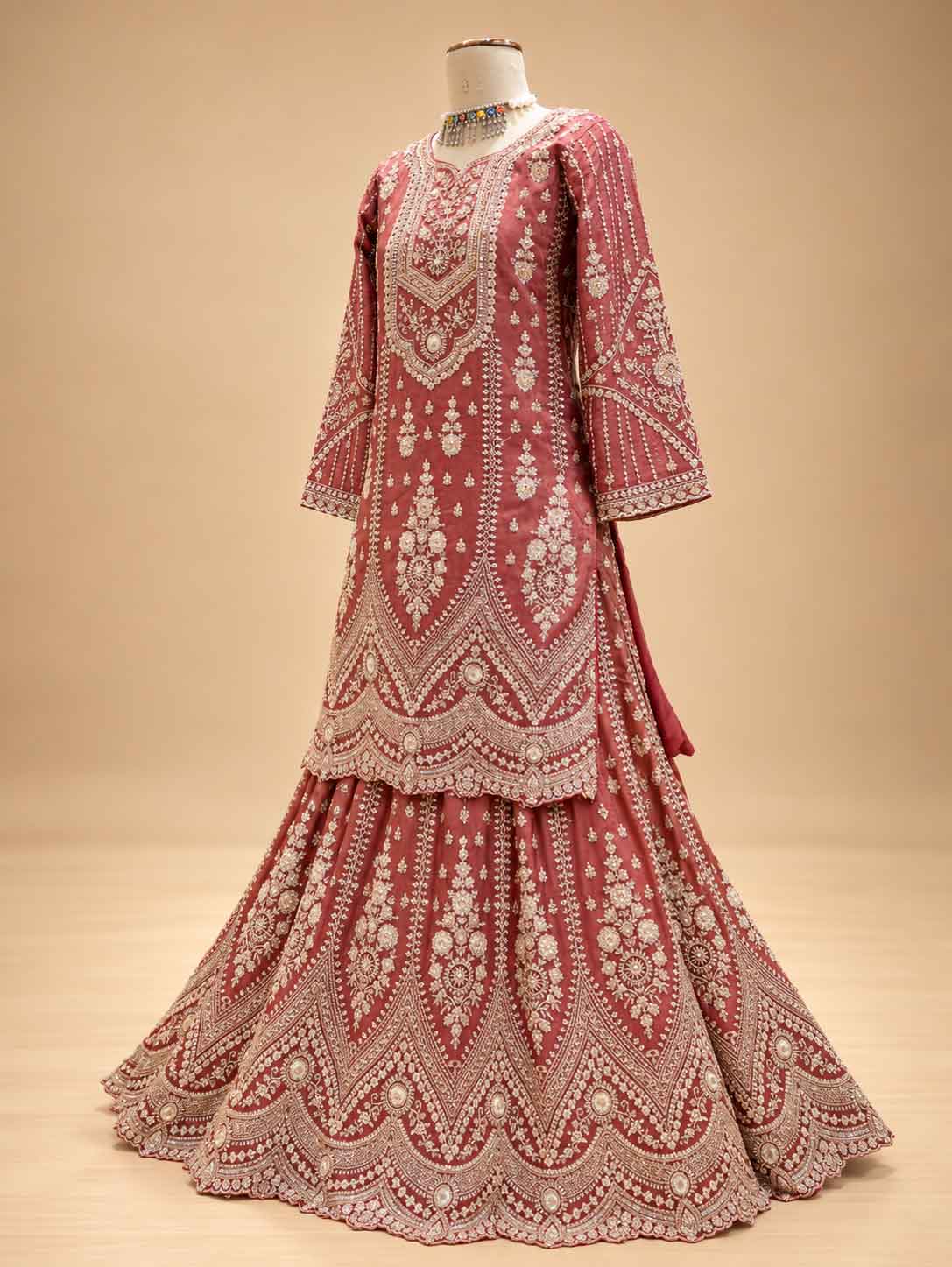 Dusty Rose Embellished Anarkali Suit Set with Printed Flared Bottom & Dupatta | Festive Ethnic Wear
