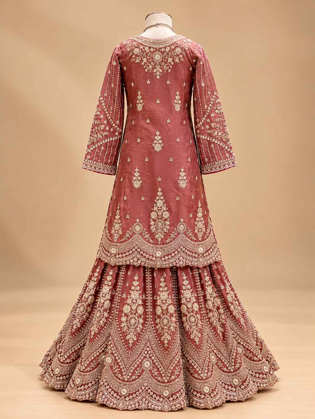 Dusty Rose Embellished Anarkali Suit Set with Printed Flared Bottom & Dupatta | Festive Ethnic Wear