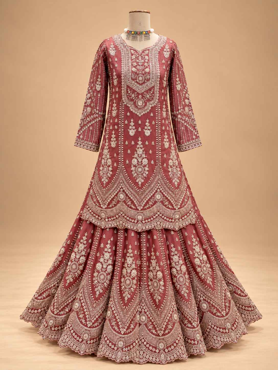 Dusty Rose Embellished Anarkali Suit Set with Printed Flared Bottom & Dupatta | Festive Ethnic Wear