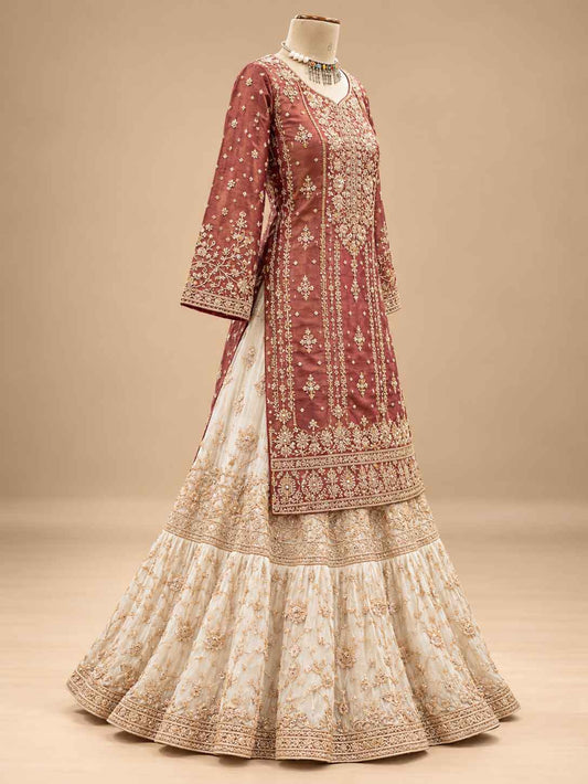 Detail view 2 of Maroon & Ivory Embroidered Anarkali Suit Set with Flared Lehenga & Dupatta by ASMA