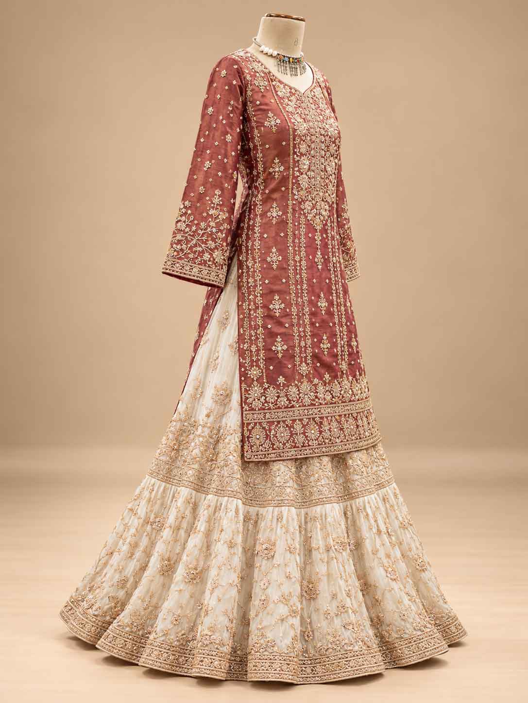 Maroon & Ivory Embroidered Anarkali Suit Set with Flared Lehenga & Dupatta | Designer Wedding Wear