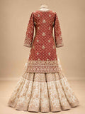 Maroon & Ivory Embroidered Anarkali Suit Set with Flared Lehenga & Dupatta | Designer Wedding Wear
