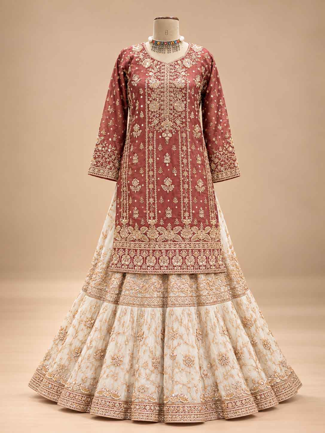 Maroon & Ivory Embroidered Anarkali Suit Set with Flared Lehenga & Dupatta | Designer Wedding Wear