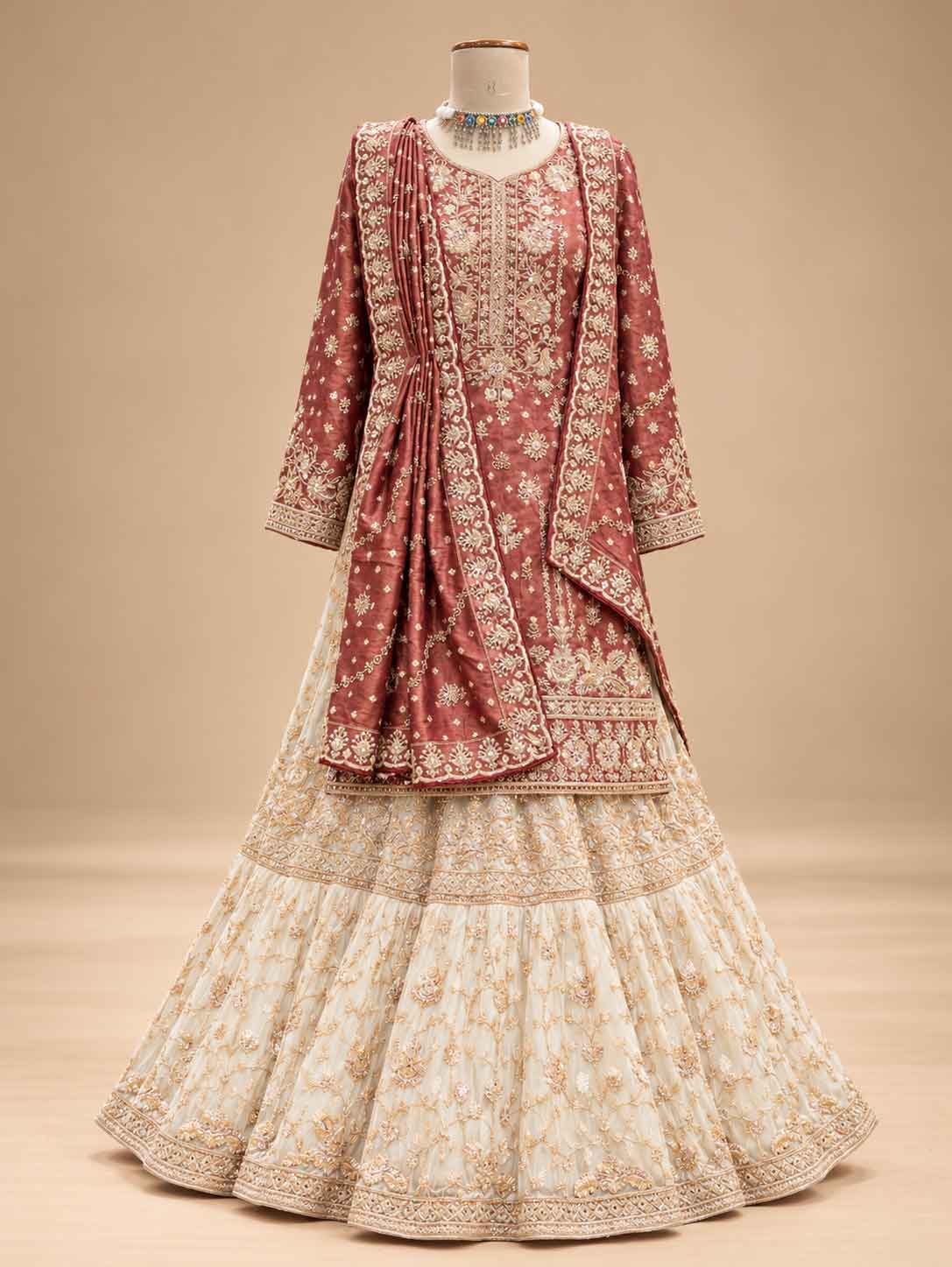 Maroon & Ivory Embroidered Anarkali Suit Set with Flared Lehenga & Dupatta | Designer Wedding Wear