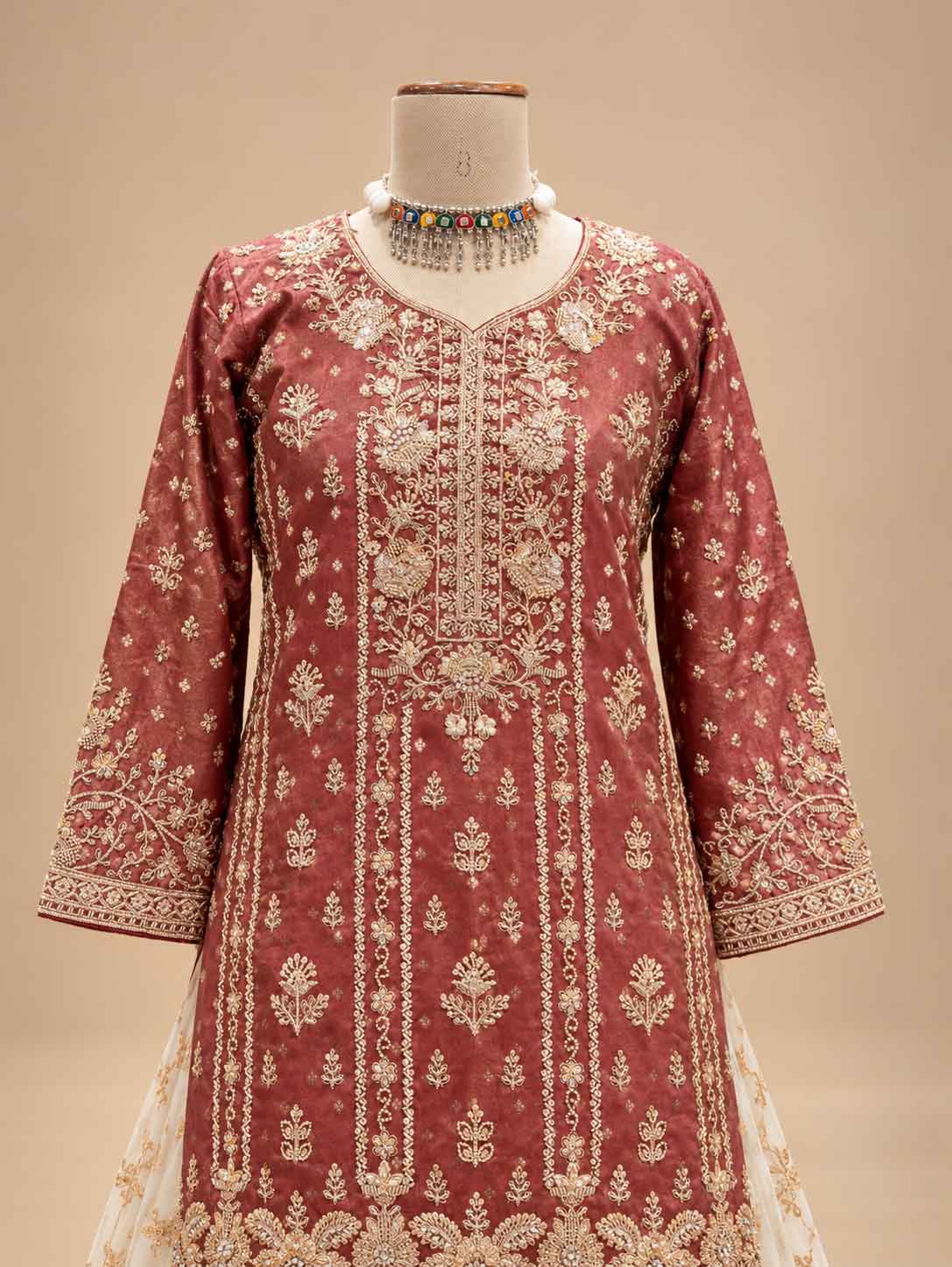Maroon & Ivory Embroidered Anarkali Suit Set with Flared Lehenga & Dupatta | Designer Wedding Wear