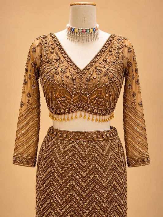 Detail view 2 of Brown Embellished Lehenga Choli with Sheer Dupatta by ASMA