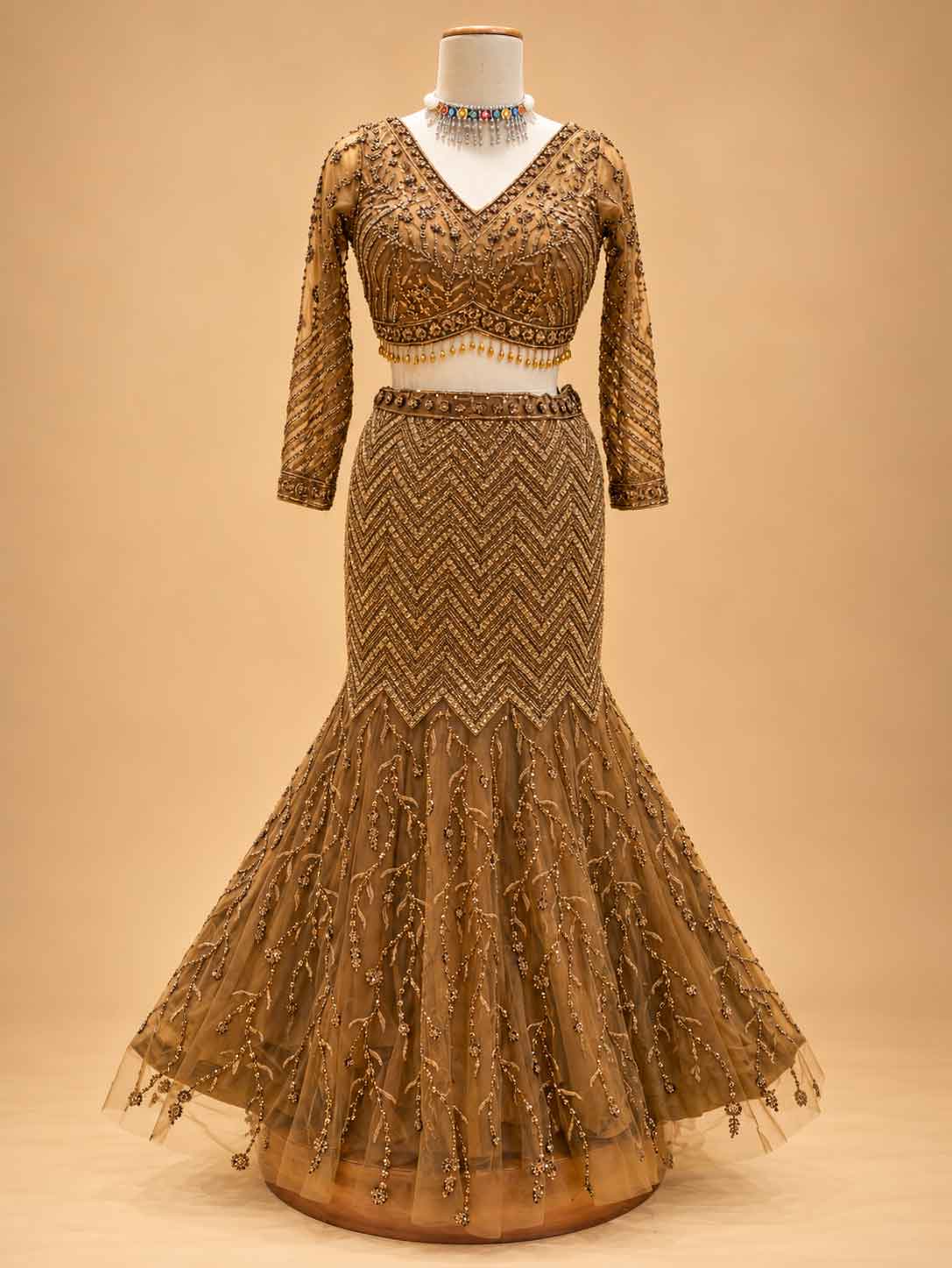 Brown Embellished Lehenga Choli with Sheer Dupatta | Designer Wedding Wear