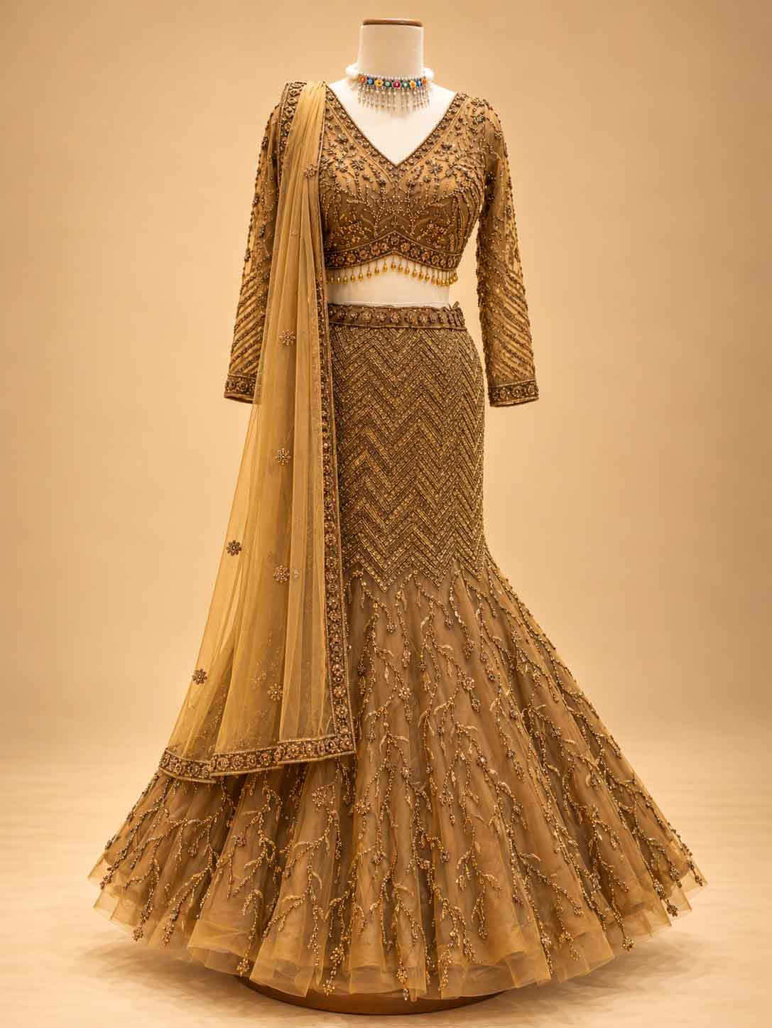 Brown Embellished Lehenga Choli with Sheer Dupatta | Designer Wedding Wear