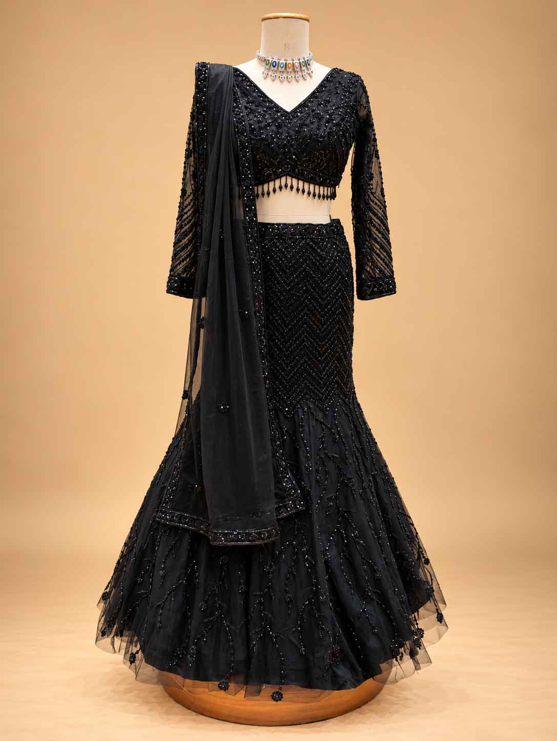 Black Embellished Lehenga Choli with Sheer Dupatta | Designer Wedding Wear