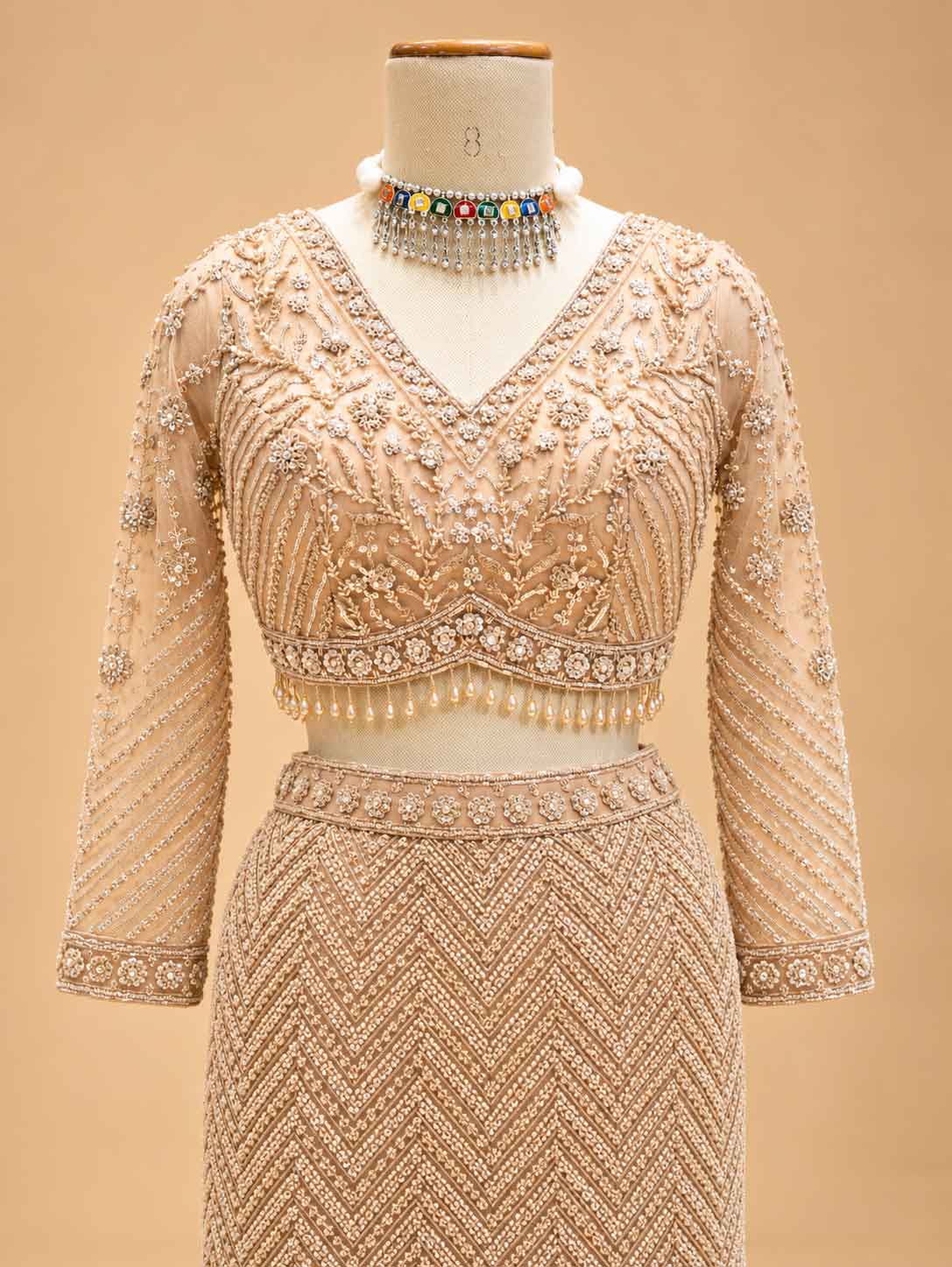 Gold Embellished Lehenga Choli with Sheer Dupatta | Designer Wedding Wear