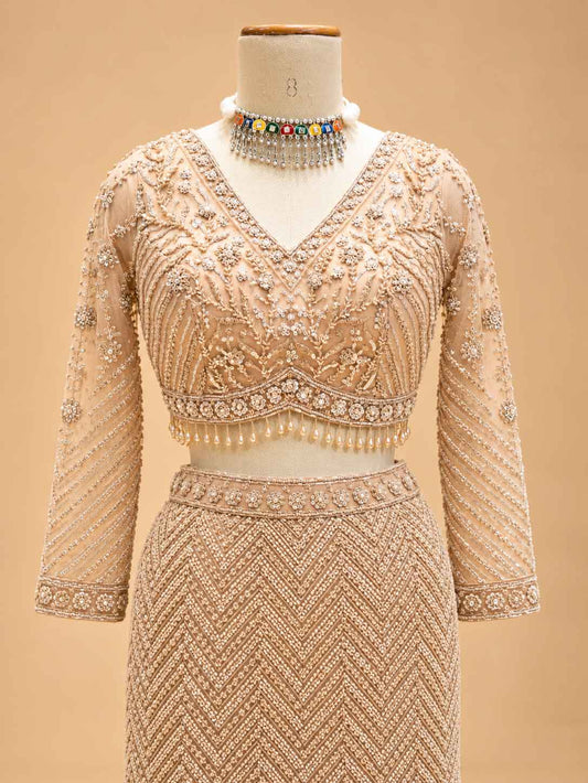 Detail view 2 of Gold Embellished Lehenga Choli with Sheer Dupatta by ASMA
