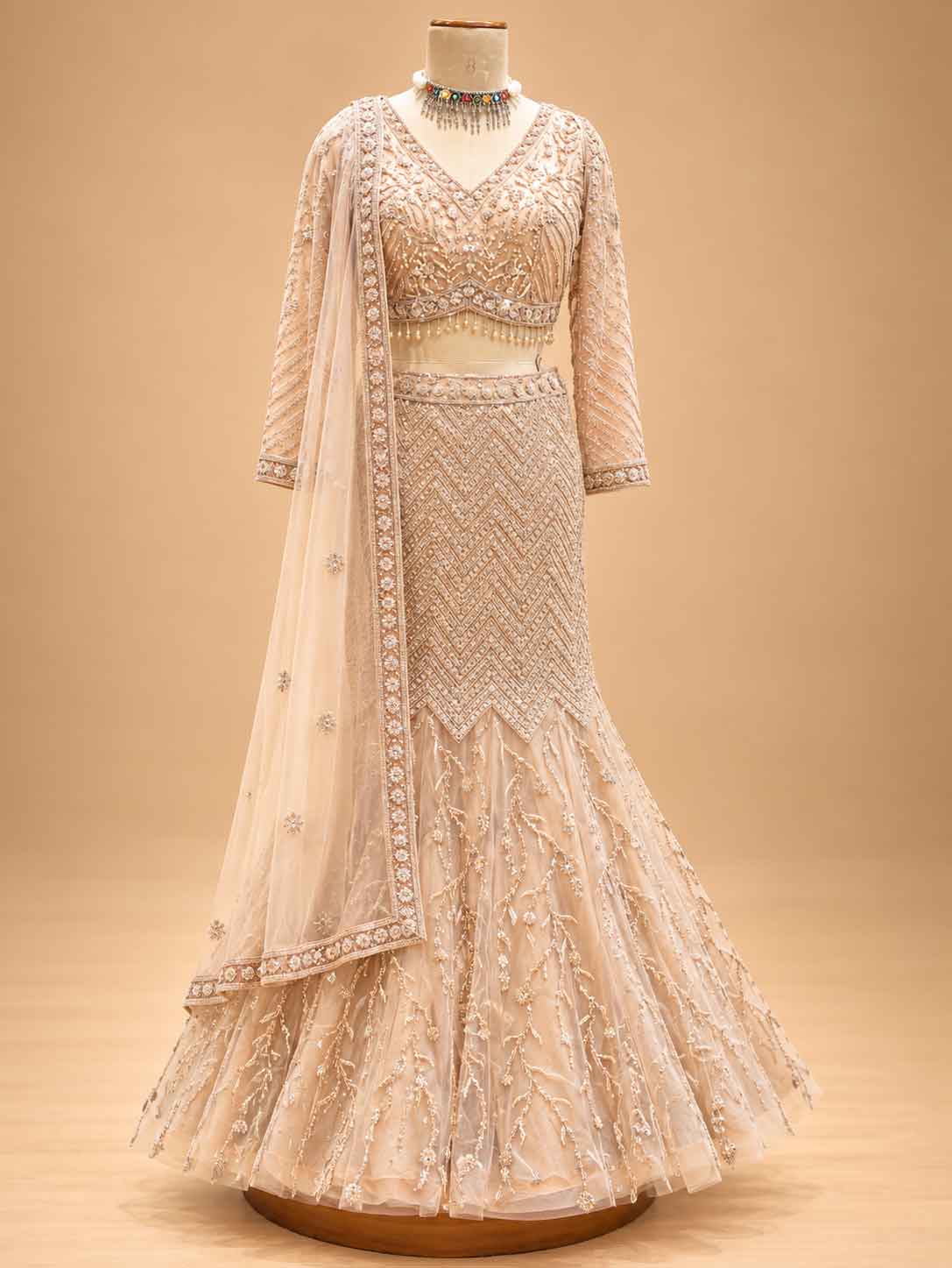 Gold Embellished Lehenga Choli with Sheer Dupatta | Designer Wedding Wear