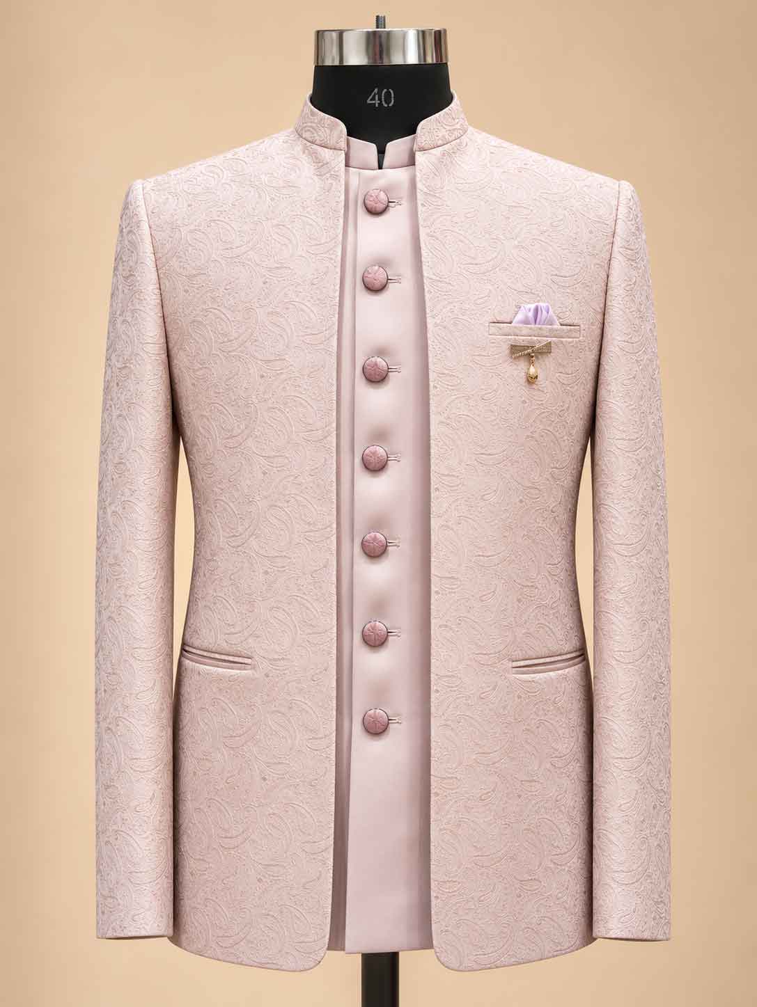 Alternate product view 2 of Lavender Embroidered Bandhgala Suit for Men by Guptas Textiles Annexe, Bengaluru