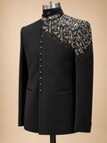 Alternate product view 2 of Black Embroidered Bandhgala Suit for Men by Guptas Textiles Annexe, Bengaluru