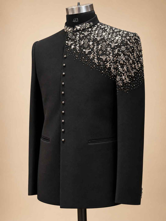Alternate product view 2 of Black Embroidered Bandhgala Suit for Men by Guptas Textiles Annexe, Bengaluru