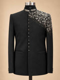 Alternate product view 3 of Black Embroidered Bandhgala Suit for Men by Guptas Textiles Annexe, Bengaluru