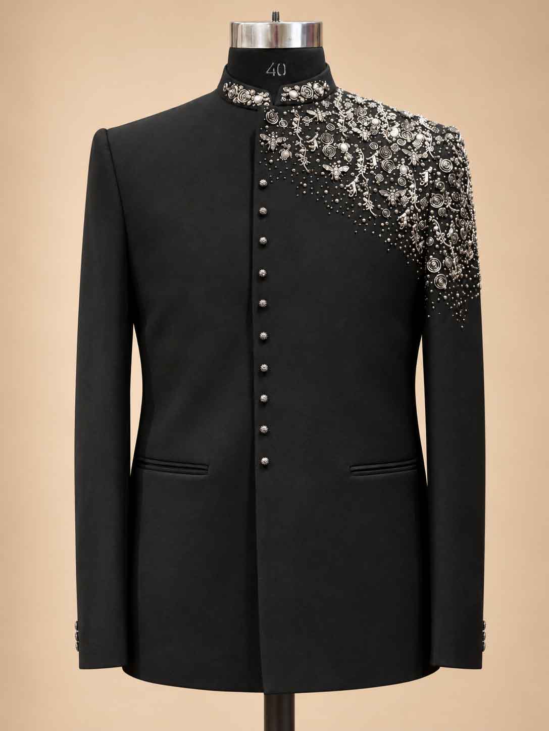Alternate product view 3 of Black Embroidered Bandhgala Suit for Men by Guptas Textiles Annexe, Bengaluru