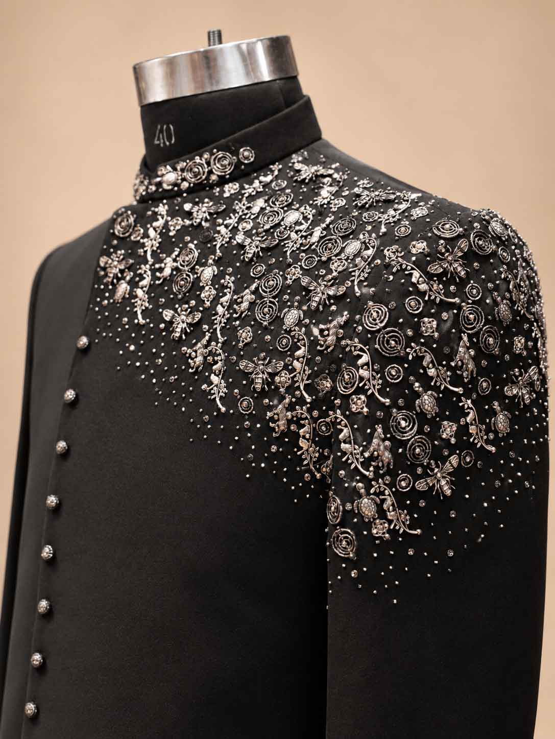 Alternate product view 4 of Black Embroidered Bandhgala Suit for Men by Guptas Textiles Annexe, Bengaluru