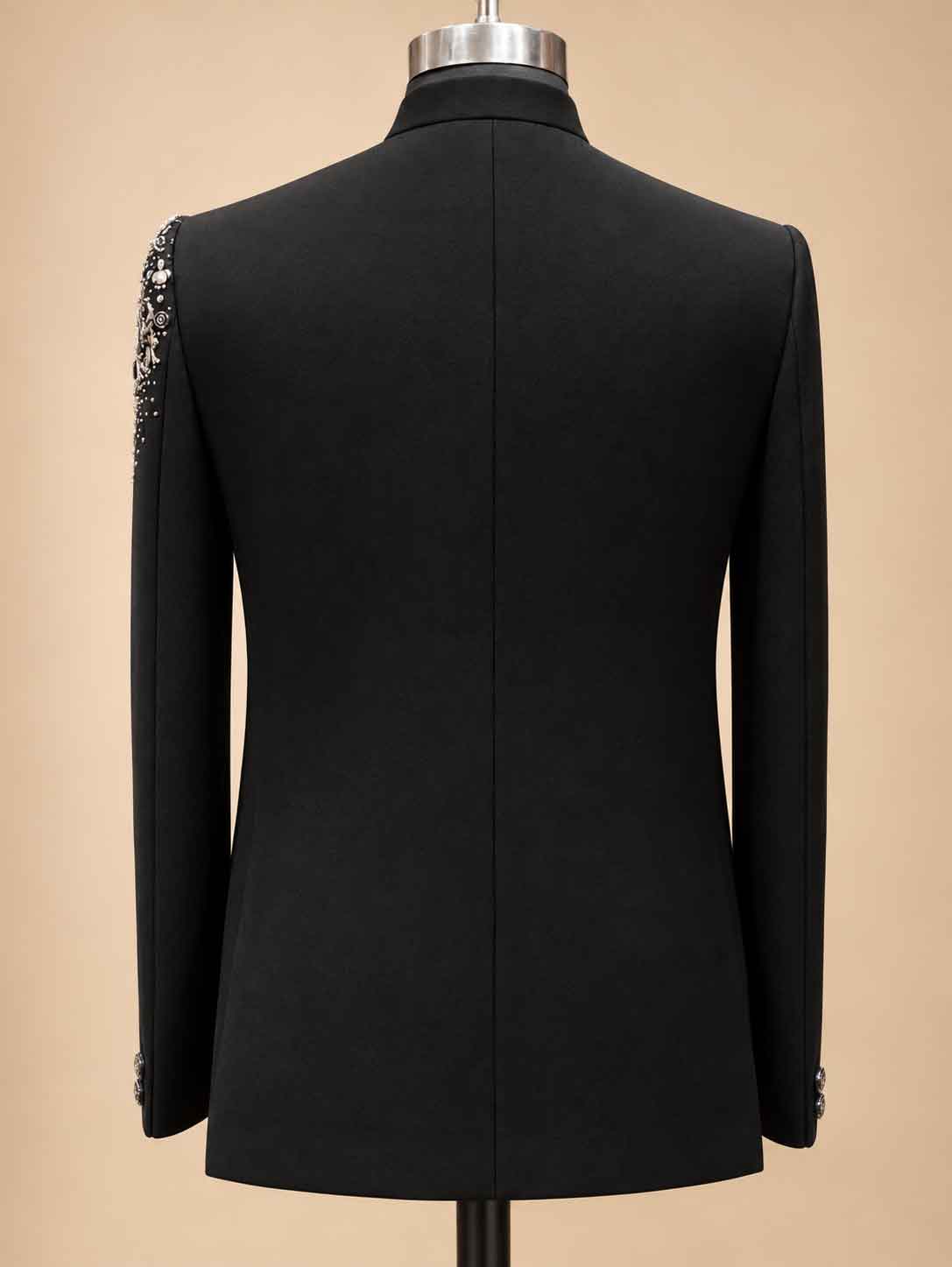 Alternate product view 5 of Black Embroidered Bandhgala Suit for Men by Guptas Textiles Annexe, Bengaluru