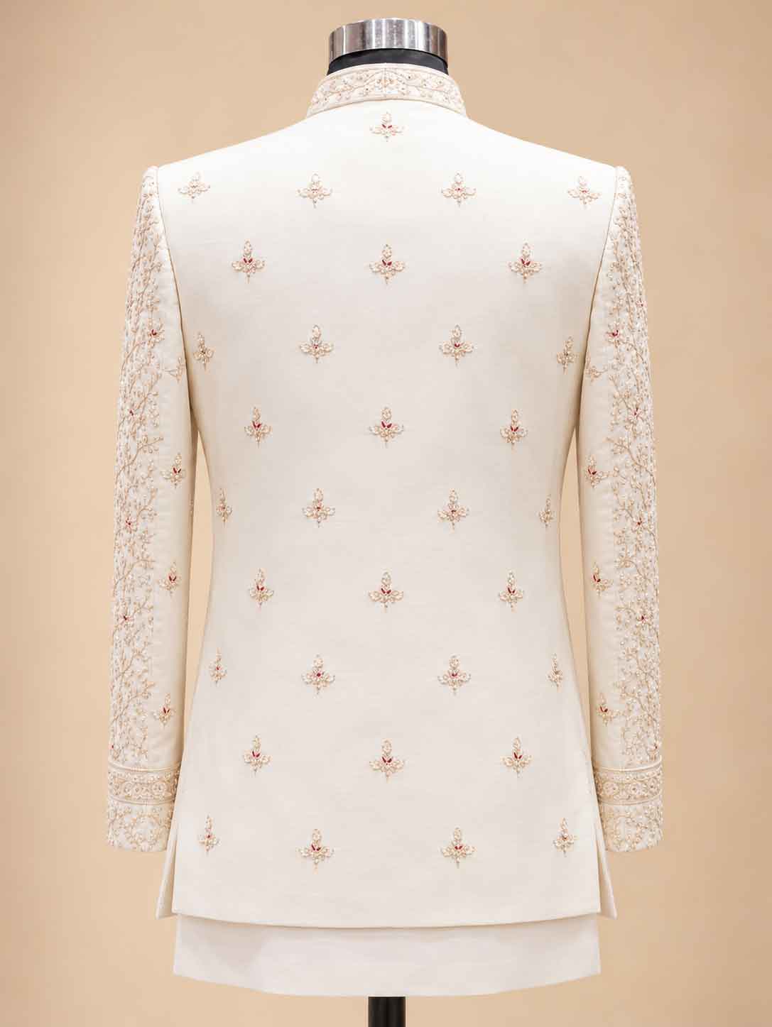Alternate product view 3 of Cream Embroidered Sherwani for Men by Guptas Textiles Annexe, Bengaluru