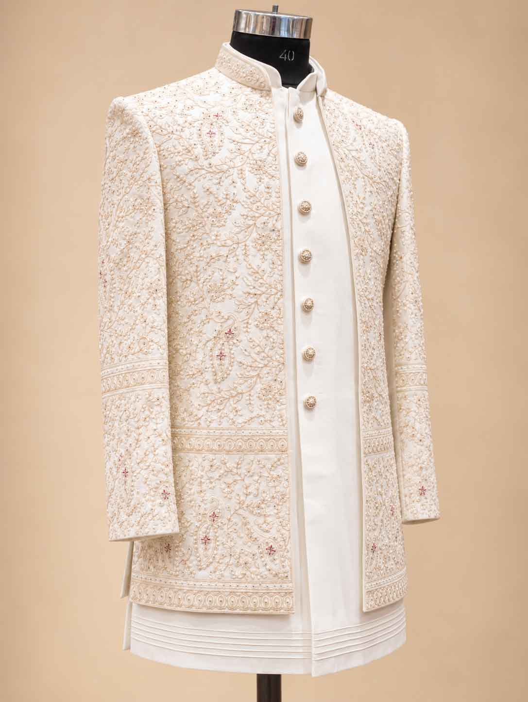 Alternate product view 4 of Cream Embroidered Sherwani for Men by Guptas Textiles Annexe, Bengaluru