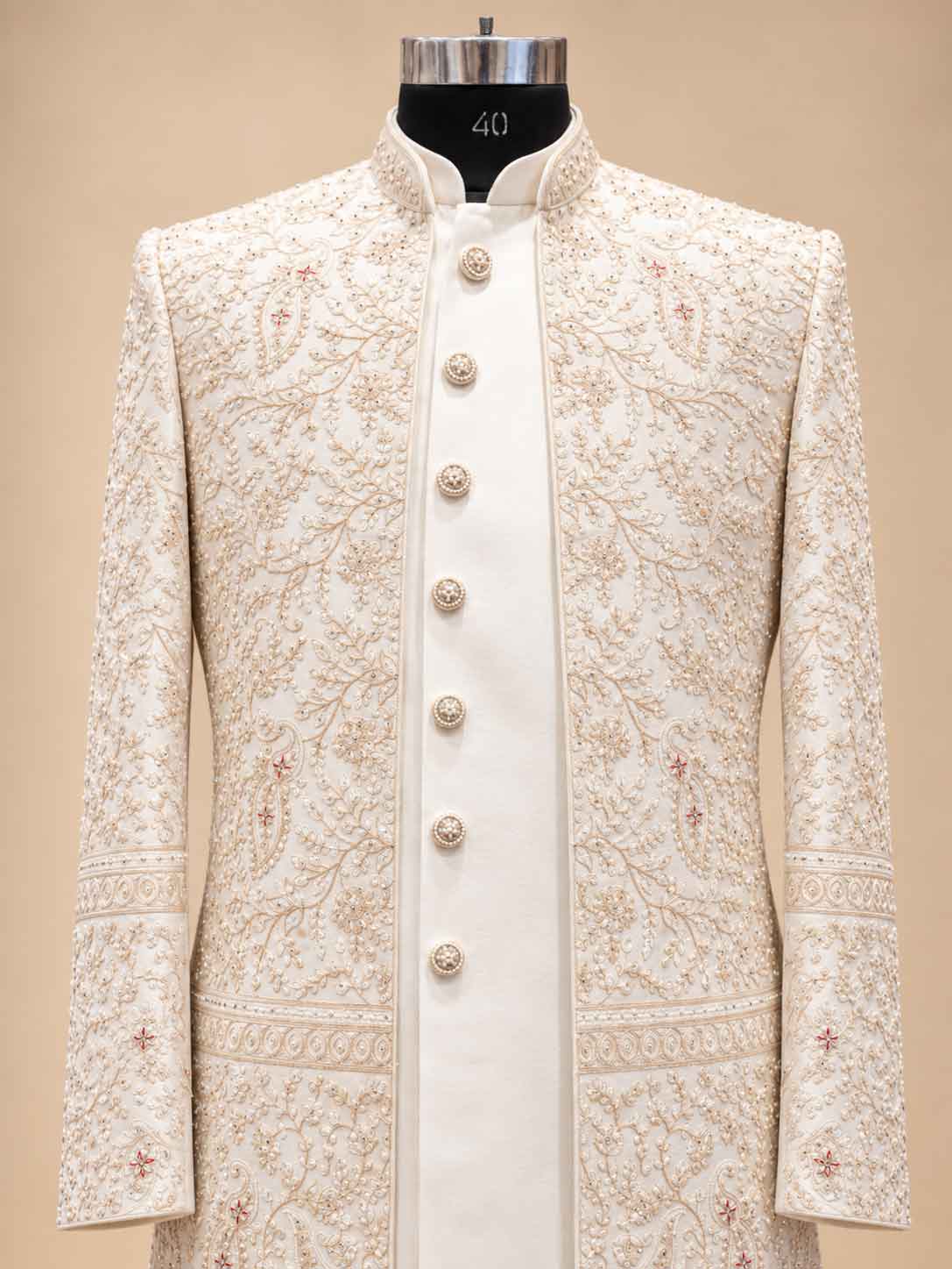 Alternate product view 5 of Cream Embroidered Sherwani for Men by Guptas Textiles Annexe, Bengaluru