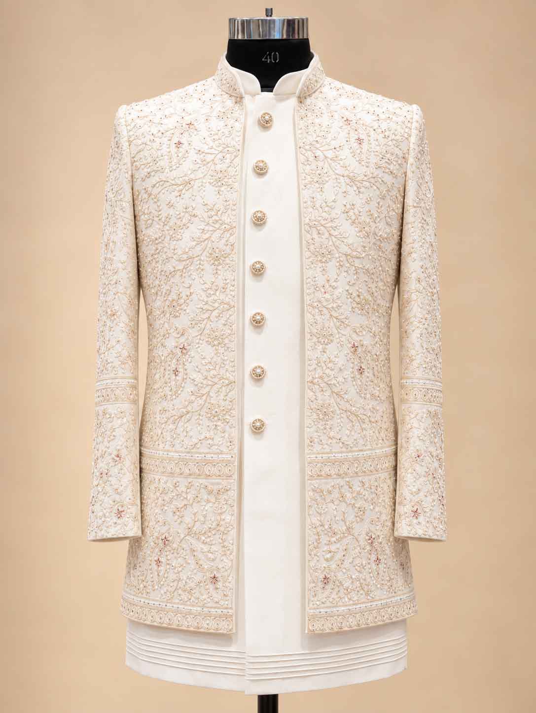 Alternate product view 6 of Cream Embroidered Sherwani for Men by Guptas Textiles Annexe, Bengaluru
