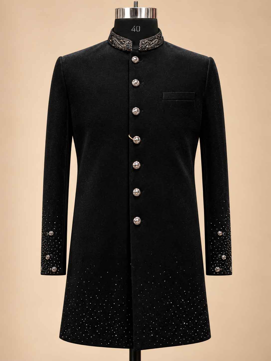 Alternate product view 2 of Black Embroidered Sherwani for Men by Guptas Textiles Annexe, Bengaluru