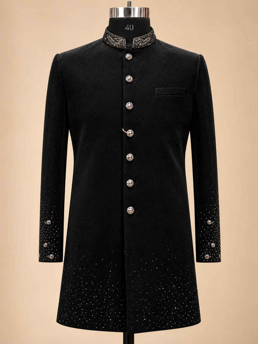 Alternate product view 2 of Black Embroidered Sherwani for Men by Guptas Textiles Annexe, Bengaluru