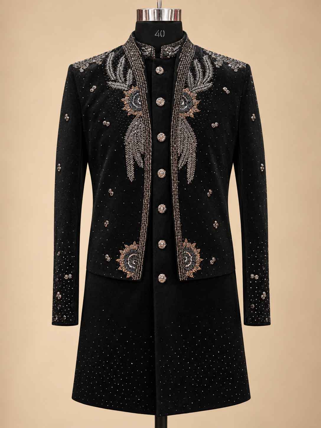 Alternate product view 4 of Black Embroidered Sherwani for Men by Guptas Textiles Annexe, Bengaluru