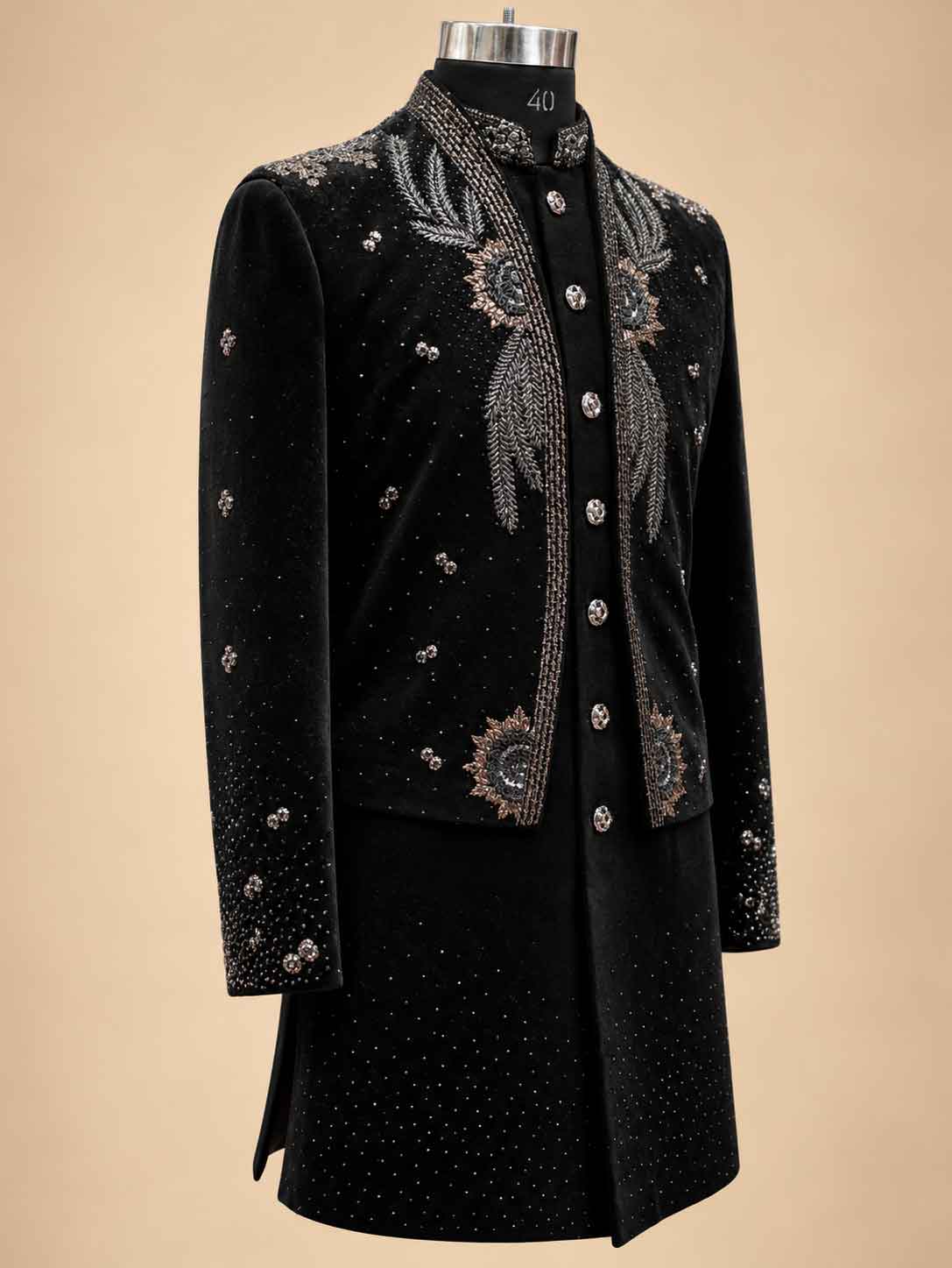 Alternate product view 6 of Black Embroidered Sherwani for Men by Guptas Textiles Annexe, Bengaluru