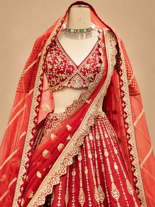 Red Embroidered Bridal Lehenga Set with Sheer Dupatta for Women