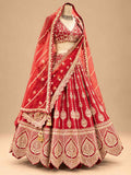 Red Embroidered Bridal Lehenga Set with Sheer Dupatta for Women