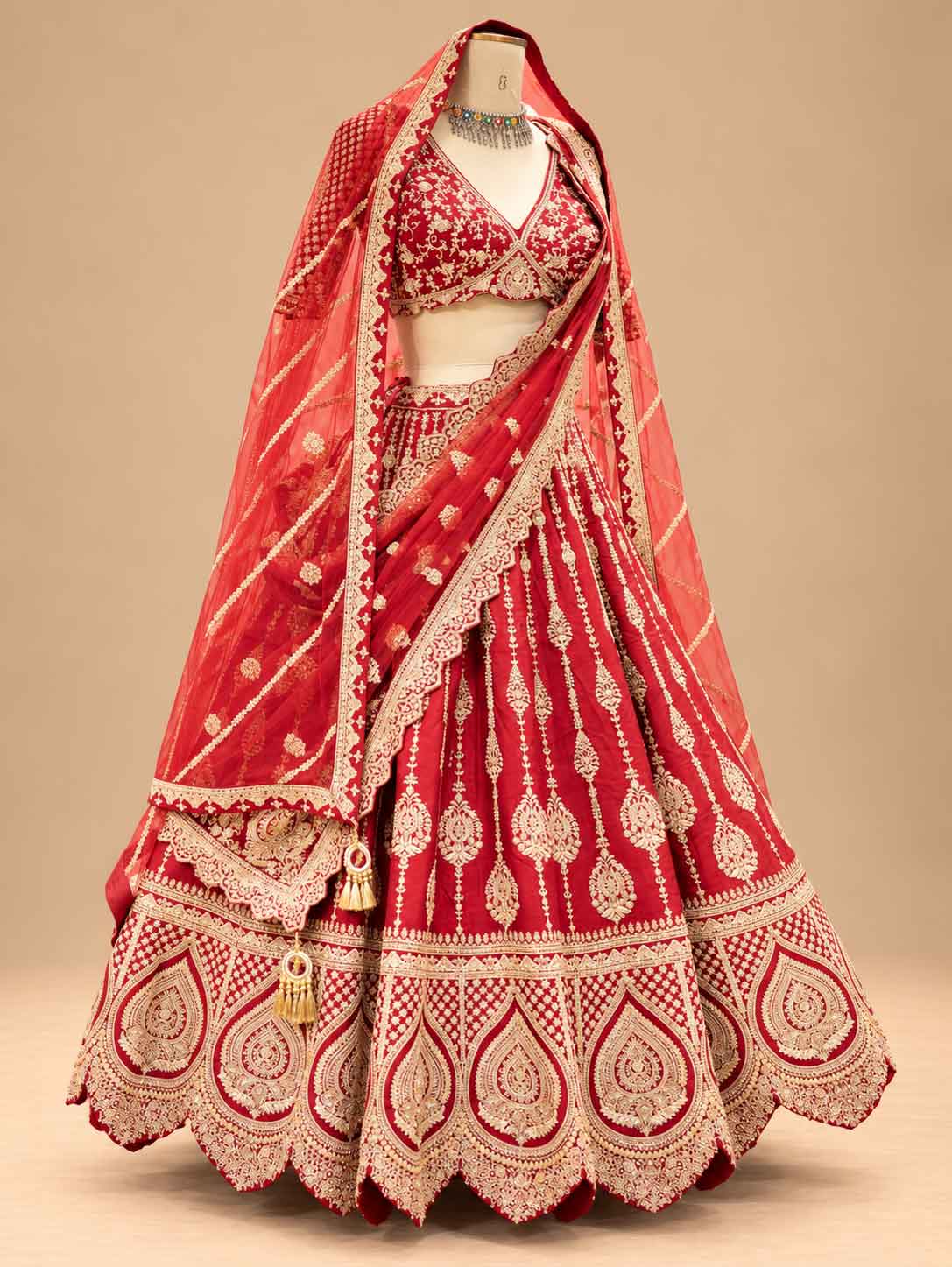 Red Embroidered Bridal Lehenga Set with Sheer Dupatta for Women