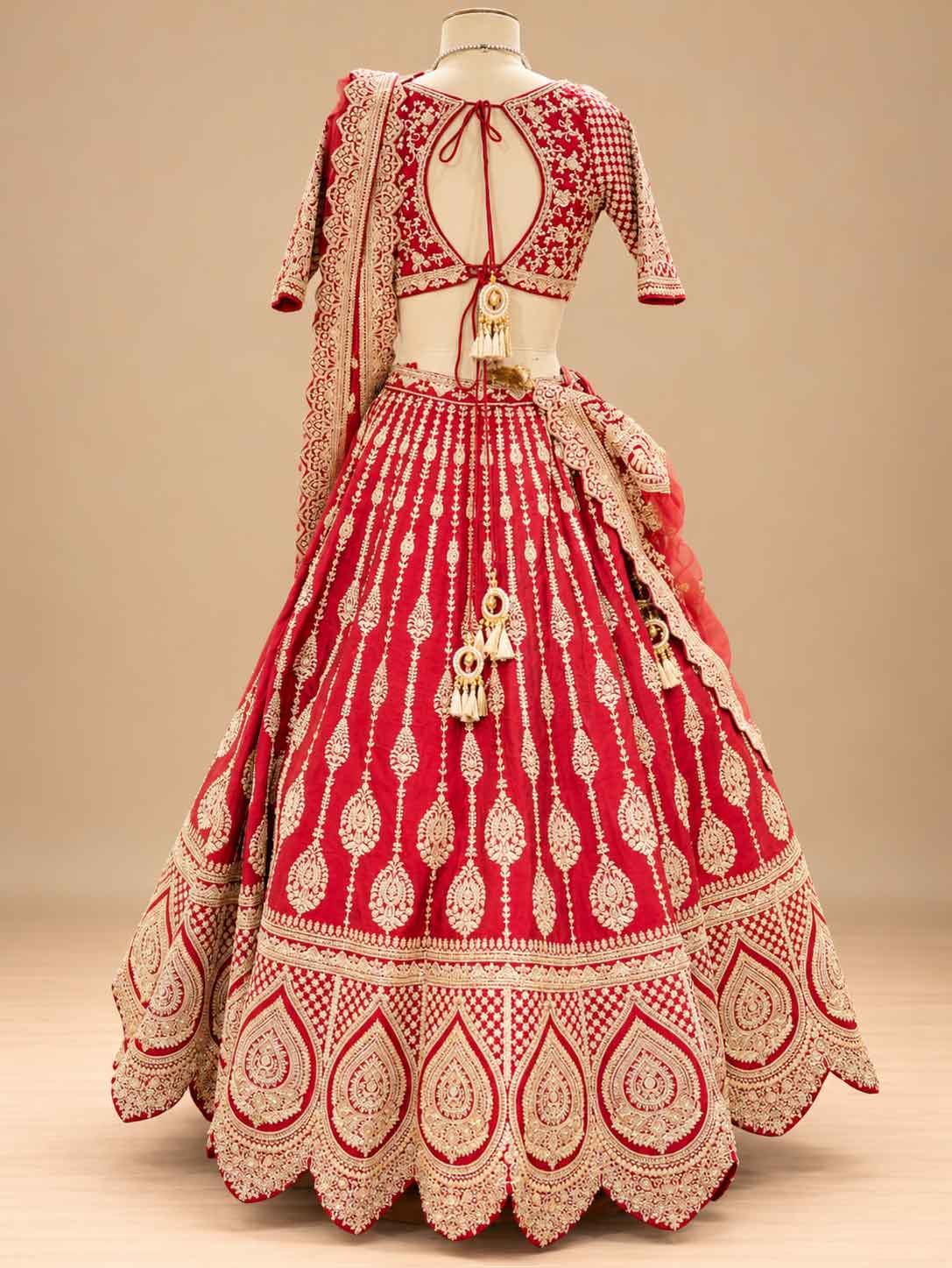 Red Embroidered Bridal Lehenga Set with Sheer Dupatta for Women