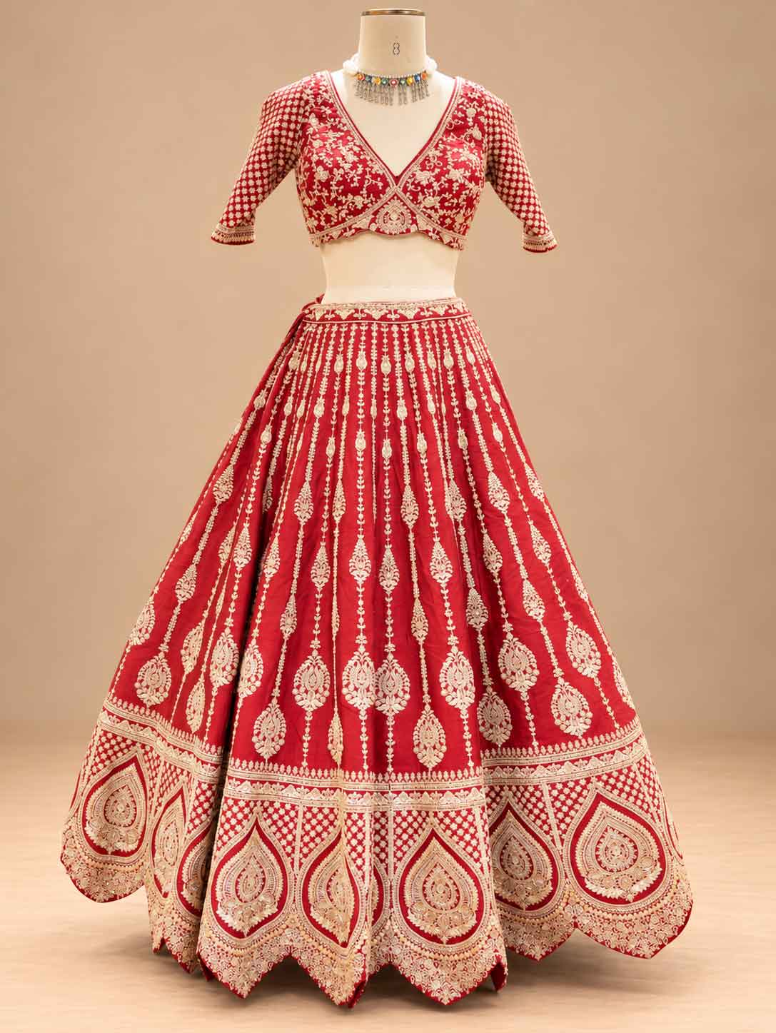 Red Embroidered Bridal Lehenga Set with Sheer Dupatta for Women