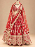 Red Embroidered Bridal Lehenga Set with Sheer Dupatta for Women
