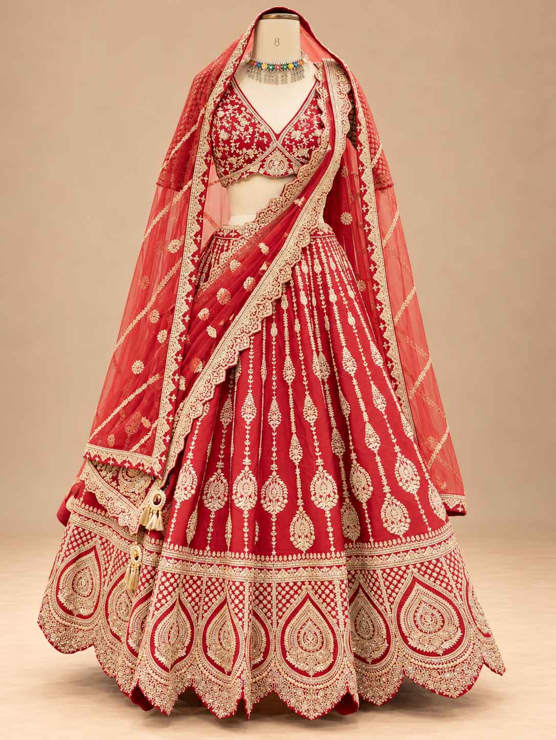 Red Embroidered Bridal Lehenga Set with Sheer Dupatta for Women