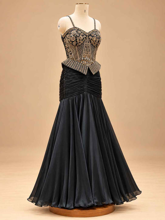 Black Embellished Gown with Sheer Cape and Pleated Flared Skirt for Women