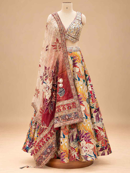 Multicolour Printed Lehenga Set with Embellished Blouse & Dupatta for Women