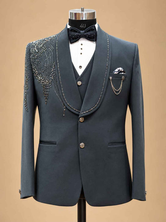 Detail view 2 of Navy Blue Designer Three-Piece Suit for Men | Wedding & Reception Wear