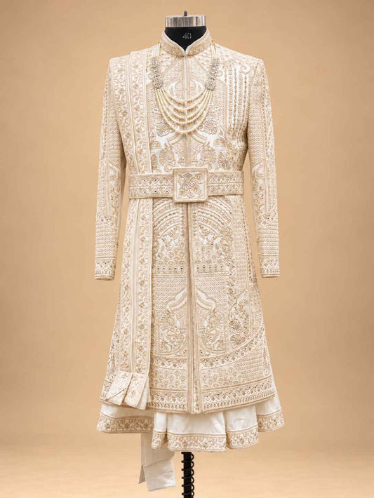 Detail view 2 of Ivory Embroidered Sherwani for Men | Designer Wedding & Groom Wear