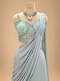 Powder Blue Pre-Draped Saree for Women | Designer Party & Wedding Wear