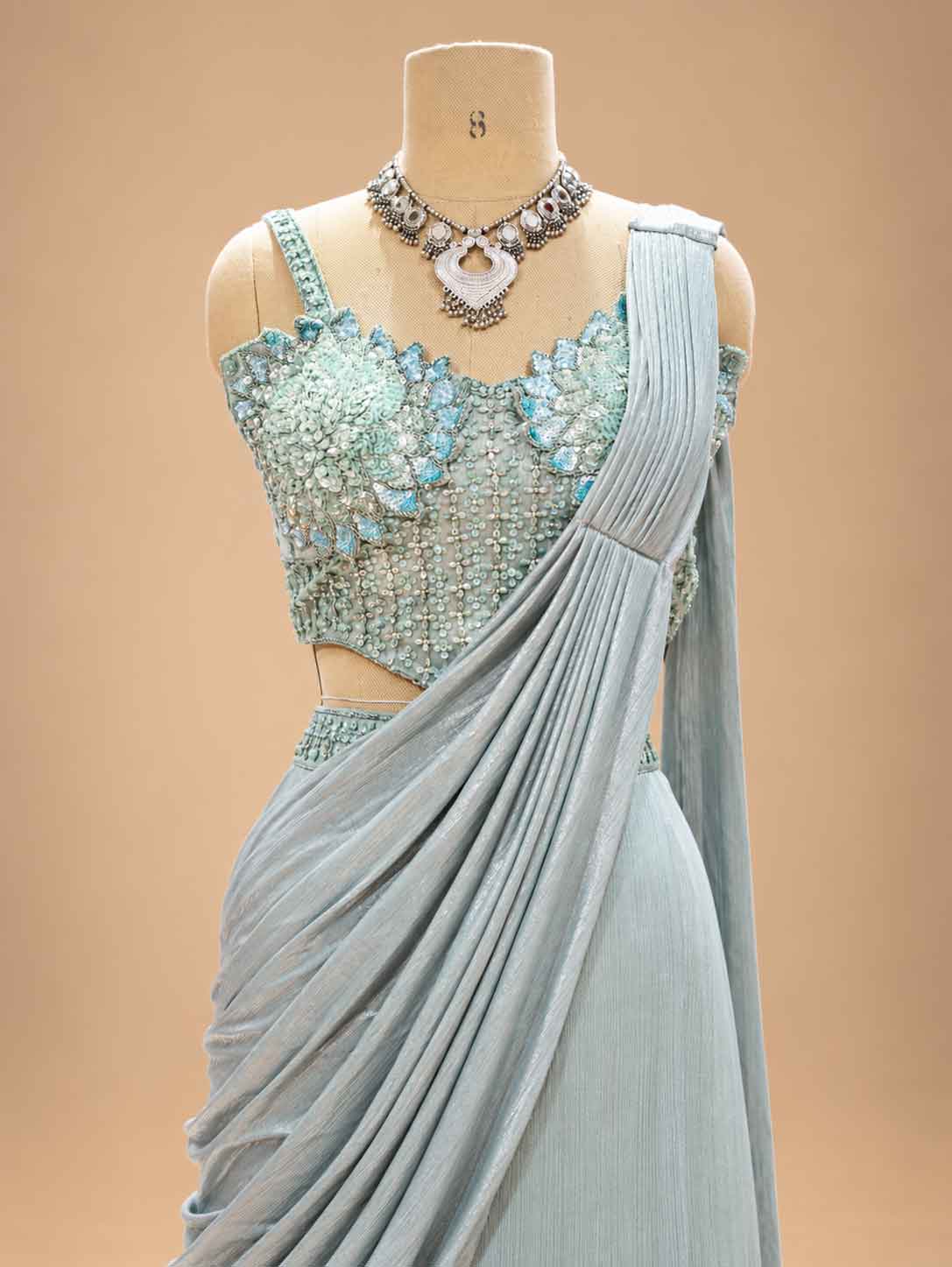 Powder Blue Pre-Draped Saree for Women | Designer Party & Wedding Wear