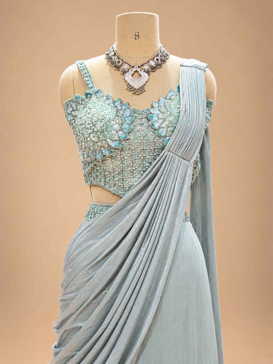 Detail view 2 of Powder Blue Pre-Draped Saree for Women | Designer Party & Wedding Wear