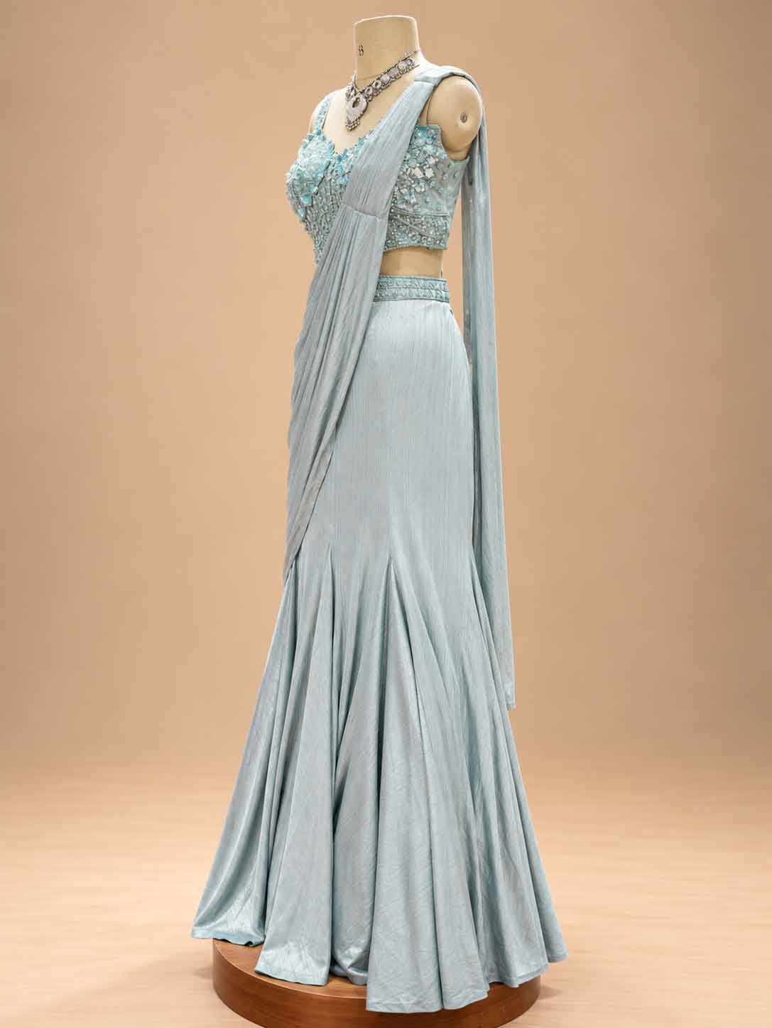 Powder Blue Pre-Draped Saree for Women | Designer Party & Wedding Wear
