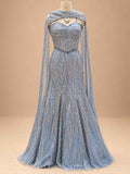 Powder Blue Embellished Flared Gown with Sheer Cape Dupatta for Women